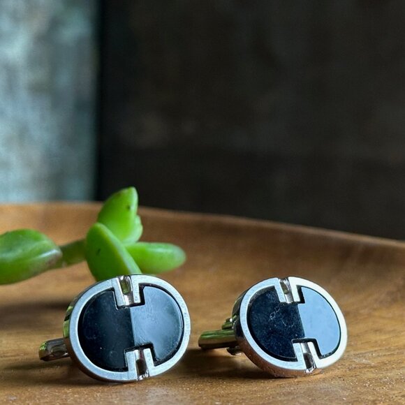 Pair of Men's Onyx & Silver Tone Cufflinks | Eagle Sun | Vintage Cuff Links - Picture 1 of 5